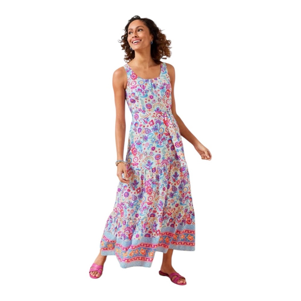 Talbots Floral Belted Voile Maxi Dress Size 16 Petite Cotton Lined Sleeveless